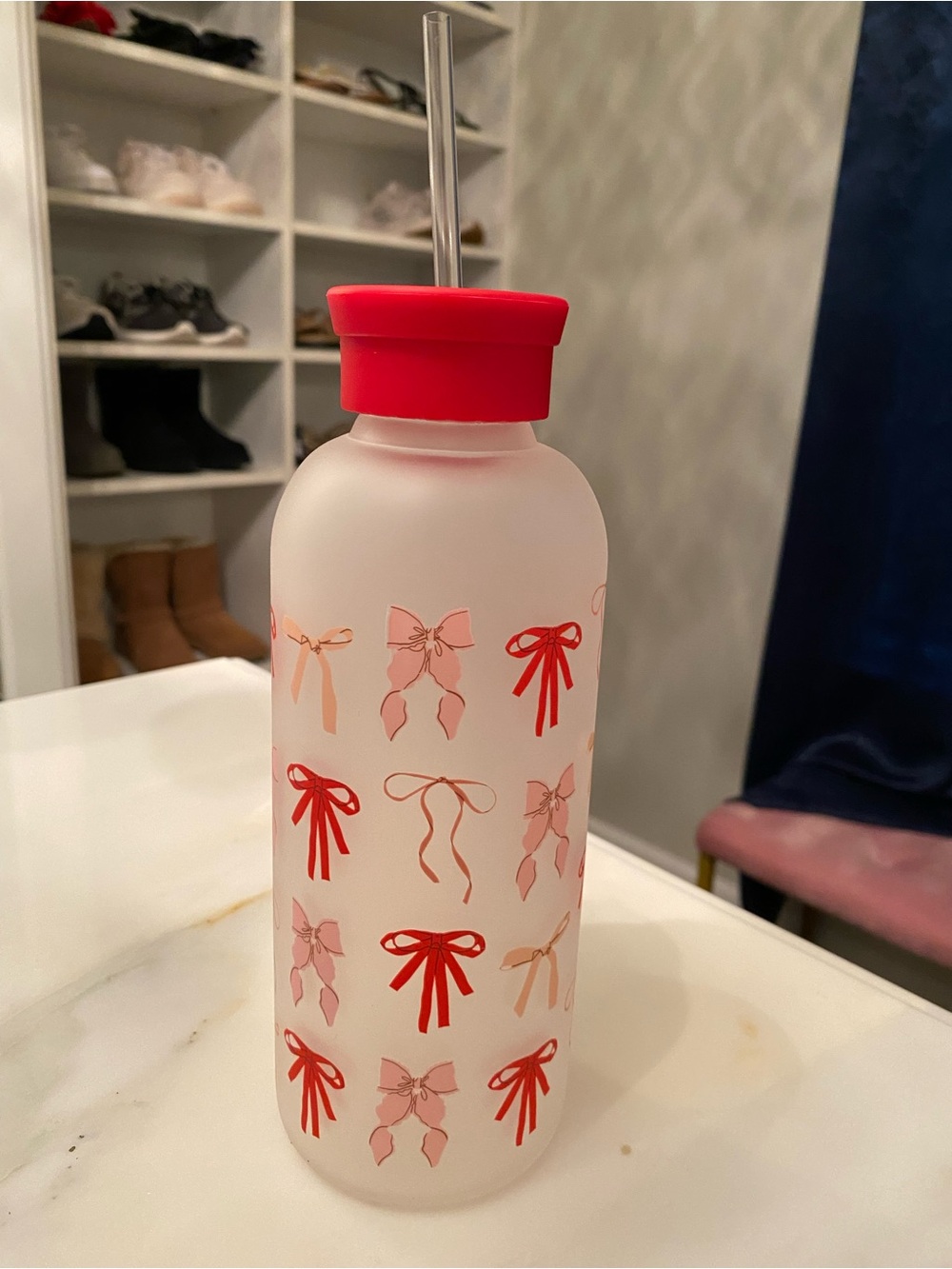 T.J.Maxx Frosted Glass Water Bottle with Red and Pink Bow Design